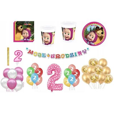 ImprezCzas Zestaw Urodzinowy Masza 2 Urodziny Balony Kubki Talerzyki Świeczka Cyfra ImprezCzas Zestaw Urodzinowy Masza 2 Urodziny Balony Kubki Talerzyki Świeczka Cyfra