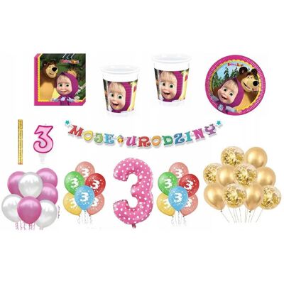 ImprezCzas Zestaw Urodzinowy Masza 3 Urodziny Balony Kubki Talerzyki Świeczka Cyfra ImprezCzas Zestaw Urodzinowy Masza 3 Urodziny Balony Kubki Talerzyki Świeczka Cyfra