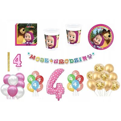 ImprezCzas Zestaw Urodzinowy Masza 4 Urodziny Balony Kubki Talerzyki Świeczka Cyfra ImprezCzas Zestaw Urodzinowy Masza 4 Urodziny Balony Kubki Talerzyki Świeczka Cyfra