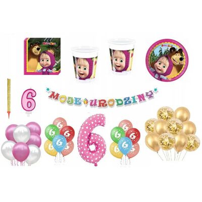 ImprezCzas Zestaw Urodzinowy Masza 6 Urodziny Balony Kubki Talerzyki Świeczka Cyfra ImprezCzas Zestaw Urodzinowy Masza 6 Urodziny Balony Kubki Talerzyki Świeczka Cyfra