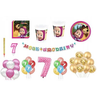 ImprezCzas Zestaw Urodzinowy Masza 7 Urodziny Balony Kubki Talerzyki Świeczka Cyfra ImprezCzas Zestaw Urodzinowy Masza 7 Urodziny Balony Kubki Talerzyki Świeczka Cyfra