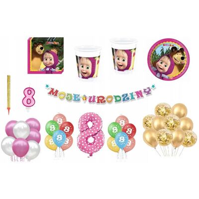 ImprezCzas Zestaw Urodzinowy Masza 8 Urodziny Balony Kubki Talerzyki Świeczka Cyfra ImprezCzas Zestaw Urodzinowy Masza 8 Urodziny Balony Kubki Talerzyki Świeczka Cyfra