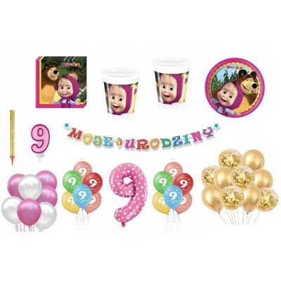 ImprezCzas Zestaw Urodzinowy Masza 9 Urodziny Balony Kubki Talerzyki Świeczka Cyfra ImprezCzas Zestaw Urodzinowy Masza 9 Urodziny Balony Kubki Talerzyki Świeczka Cyfra