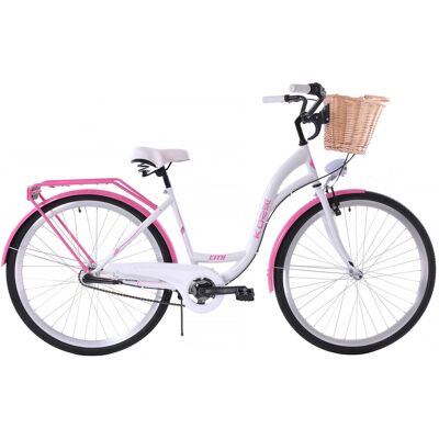Rower miejski damski damka KOZBIKE 28' 3 biegi biało-różowy – kosz, LED, retro Rower miejski damski damka KOZBIKE 28' 3 biegi biało-różowy – kosz, LED, retro