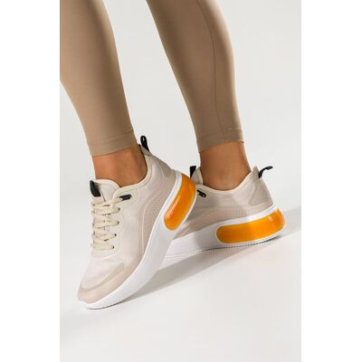 Beżowe sneakersy damskie buty sportowe na trening na białej platformie z pomarańczową wstawką sznurowane Casu D9000-37 Beżowe sneakersy damskie buty sportowe na trening na białej platformie z pomarańczową wstawką sznurowane Casu D9000-37