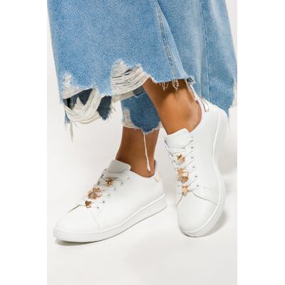 Białe sneakersy damskie z owadem buty sportowe ze złotymi dodatkami sznurowane Casu 81380-4-38 Białe sneakersy damskie z owadem buty sportowe ze złotymi dodatkami sznurowane Casu 81380-4-38