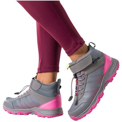Szare Buty Trekkingowe Damskie Wodoodporne Na Bieżnikowanej Podeszwie Z Regulowaną Elastyczną Sznurówką Pasek Na Rzep Różowe Wstawki Casu 7390-1d-38 Szare Buty Trekkingowe Damskie Wodoodporne Na Bieżnikowanej Podeszwie Z Regulowaną Elastyczną Sznurówką Pasek Na Rzep Różowe Wstawki Casu 7390-1d-38