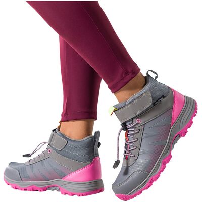 Szare Buty Trekkingowe Damskie Wodoodporne Na Bieżnikowanej Podeszwie Z Regulowaną Elastyczną Sznurówką Pasek Na Rzep Różowe Wstawki Casu 7390-1d-40 Szare Buty Trekkingowe Damskie Wodoodporne Na Bieżnikowanej Podeszwie Z Regulowaną Elastyczną Sznurówką Pasek Na Rzep Różowe Wstawki Casu 7390-1d-40