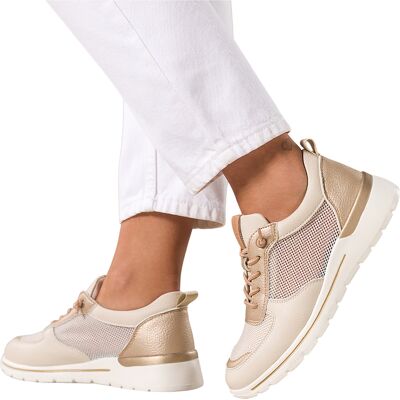 Beżowe Sneakersy Damskie Buty Sportowe Z Siateczką Na Platformie Elastyczne Sznurówki Złote Wstawki Carla Hz8981-7-41 Beżowe Sneakersy Damskie Buty Sportowe Z Siateczką Na Platformie Elastyczne Sznurówki Złote Wstawki Carla Hz8981-7-41