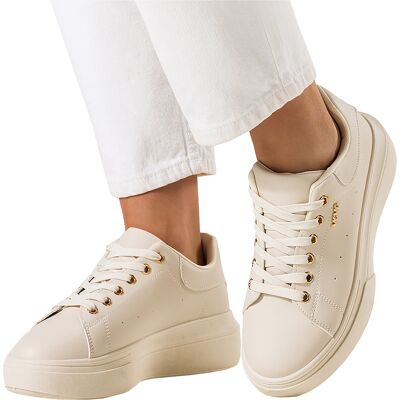 Beżowe Sneakersy Damskie Na Platformie Ze Złotą Ozdobą Sznurowanie Carla Tl601-8-40 Beżowe Sneakersy Damskie Na Platformie Ze Złotą Ozdobą Sznurowanie Carla Tl601-8-40