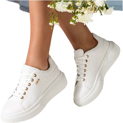 Białe Sneakersy Damskie Na Platformie Ze Złotą Ozdobą Sznurowanie Carla Tl601-9-40 Białe Sneakersy Damskie Na Platformie Ze Złotą Ozdobą Sznurowanie Carla Tl601-9-40