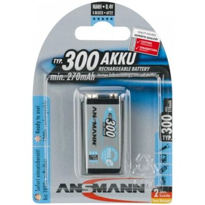 Ansmann Akumulator NiMH Rechargeable battery 9V block / 6F22 Typ 300 (min. 270 mAh) max 1 pcs. Ansmann Akumulator NiMH Rechargeable battery 9V block / 6F22 Typ 300 (min. 270 mAh) max 1 pcs.