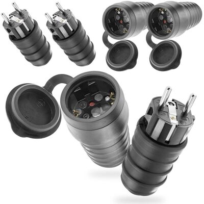 Inny producent Poppstar Zestaw: 3x wtyczka Schuko 250V / 3x gumowe gniazdko wzmocnione, (2-biegunowe, 230V, 16A, IP44), wodoodporne do użytku zewnętrznego, czarne Inny producent Poppstar Zestaw: 3x wtyczka Schuko 250V / 3x gumowe gniazdko wzmocnione, (2-biegunowe, 230V, 16A, IP44), wodoodporne do użytku zewnętrznego, czarne