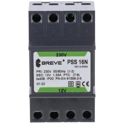 BREVE Transformator 1-Fazowy Moduĺ‚owy Bezpieczeĺ„stwa Pss 16n 230/ 12v 1,33a, Na Szynä™ Din, Ip20, Ta 40, 16012-9894 BREVE Transformator 1-Fazowy Moduĺ‚owy Bezpieczeĺ„stwa Pss 16n 230/ 12v 1,33a, Na Szynä™ Din, Ip20, Ta 40, 16012-9894