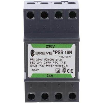 BREVE Transformator 1-fazowy moduĺ‚owy bezpieczeĺ„stwa pss 16n 230/ 24v 0,67a, na szynä™ din, ip20, ta 40, 16024-9877 BREVE Transformator 1-fazowy moduĺ‚owy bezpieczeĺ„stwa pss 16n 230/ 24v 0,67a, na szynä™ din, ip20, ta 40, 16024-9877