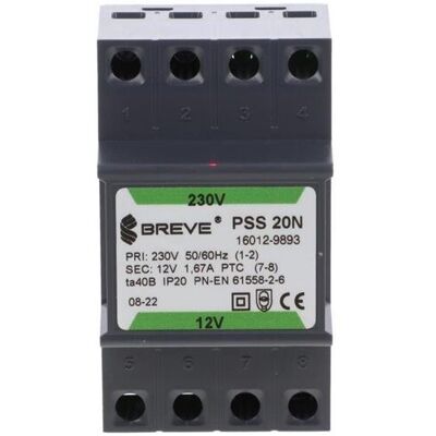 BREVE Transformator 1-fazowy moduĺ‚owy bezpieczeĺ„stwa pss 20n 230/ 12v 1,66a, na szynä™ din, ip20, ta 40, 16012-9893 BREVE Transformator 1-fazowy moduĺ‚owy bezpieczeĺ„stwa pss 20n 230/ 12v 1,66a, na szynä™ din, ip20, ta 40, 16012-9893