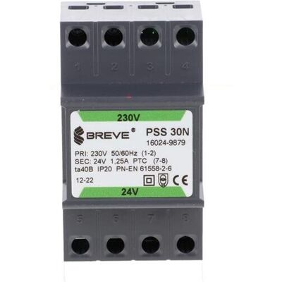 BREVE Transformator 1-Fazowy Moduĺ‚owy Bezpieczeĺ„stwa Pss 30n 230/ 24v 1,25a, Na Szynä™ Din, Ip20, Ta 40, 16024-9879 BREVE Transformator 1-Fazowy Moduĺ‚owy Bezpieczeĺ„stwa Pss 30n 230/ 24v 1,25a, Na Szynä™ Din, Ip20, Ta 40, 16024-9879