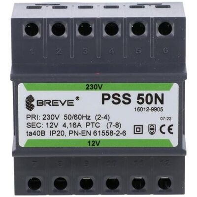 BREVE Transformator 1-fazowy moduĺ‚owy bezpieczeĺ„stwa pss 50n 230/ 12v 4,2a, na szynä™ din, ip20, ta 40, 16012-9905 BREVE Transformator 1-fazowy moduĺ‚owy bezpieczeĺ„stwa pss 50n 230/ 12v 4,2a, na szynä™ din, ip20, ta 40, 16012-9905