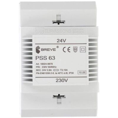 BREVE Transformator 1-fazowy moduĺ‚owy bezpieczeĺ„stwa pss 63 230/ 24v 2,6a, na szynä™ din, ip30, ta 40, 16024-9979 BREVE Transformator 1-fazowy moduĺ‚owy bezpieczeĺ„stwa pss 63 230/ 24v 2,6a, na szynä™ din, ip30, ta 40, 16024-9979