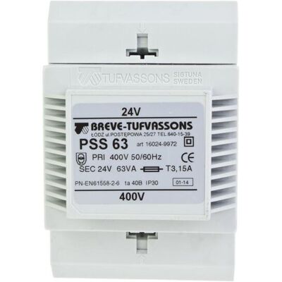 BREVE Transformator 1-fazowy moduĺ‚owy bezpieczeĺ„stwa pss 63 400/ 24v 2,6a, na szynä™ din, ip30, ta 40, 16024-9972 BREVE Transformator 1-fazowy moduĺ‚owy bezpieczeĺ„stwa pss 63 400/ 24v 2,6a, na szynä™ din, ip30, ta 40, 16024-9972