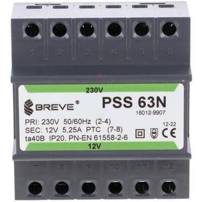 BREVE Transformator 1-fazowy moduĺ‚owy bezpieczeĺ„stwa pss 63n 230/ 12v 5,25a, na szynä™ din, ip20, ta 40, 16012-9907 BREVE Transformator 1-fazowy moduĺ‚owy bezpieczeĺ„stwa pss 63n 230/ 12v 5,25a, na szynä™ din, ip20, ta 40, 16012-9907