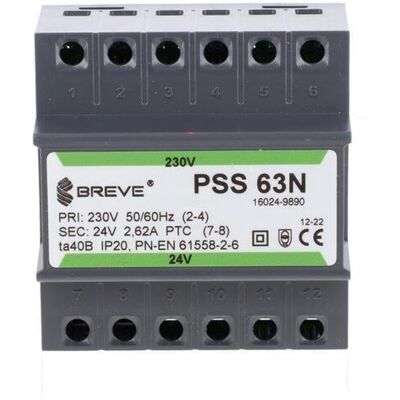 BREVE Transformator 1-fazowy moduĺ‚owy bezpieczeĺ„stwa pss 63n 230/ 24v 2,6a, na szynä™ din, ip20, ta 40, 16024-9890 BREVE Transformator 1-fazowy moduĺ‚owy bezpieczeĺ„stwa pss 63n 230/ 24v 2,6a, na szynä™ din, ip20, ta 40, 16024-9890