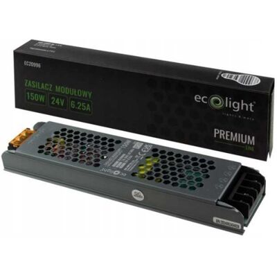 Ecolight Zasilacz Led 150w 24v 6,25a Modułowy Slim Ip20 Premium Do Taśm Opraw Ecolight Zasilacz Led 150w 24v 6,25a Modułowy Slim Ip20 Premium Do Taśm Opraw