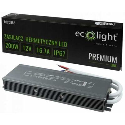 ZASILACZ LED 200W 12V 16,7A HERMETYCZNY IP67 PREMIUM ECOLIGHT DO TAŚM OPRAW ZASILACZ LED 200W 12V 16,7A HERMETYCZNY IP67 PREMIUM ECOLIGHT DO TAŚM OPRAW