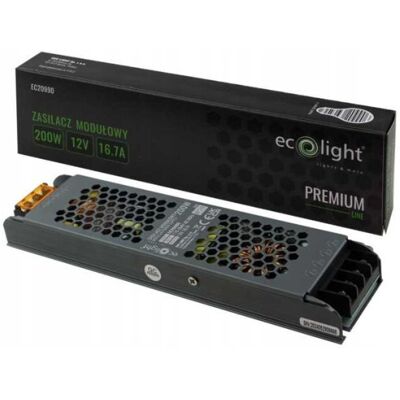 Ecolight ZASILACZ LED 200W 12V 16,7A MODUŁOWY SLIM IP20 PREMIUM DO TAŚM OPRAW Ecolight ZASILACZ LED 200W 12V 16,7A MODUŁOWY SLIM IP20 PREMIUM DO TAŚM OPRAW