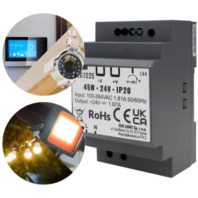 Ecolight Zasilacz LED na szynę DIN 45W 24V 1.87A 90,5x52x58,5 mm Ecolight Zasilacz LED na szynę DIN 45W 24V 1.87A 90,5x52x58,5 mm