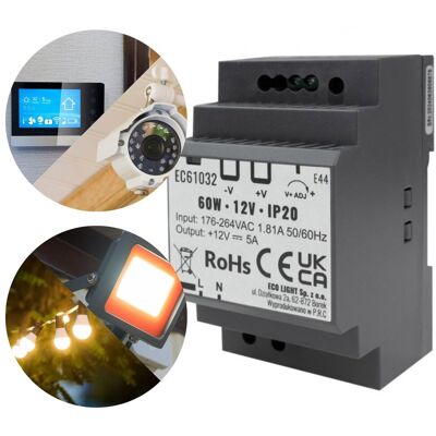 Ecolight Zasilacz LED na szynę DIN 60W 12V 5A 90,5x52x58,5 mm Ecolight Zasilacz LED na szynę DIN 60W 12V 5A 90,5x52x58,5 mm