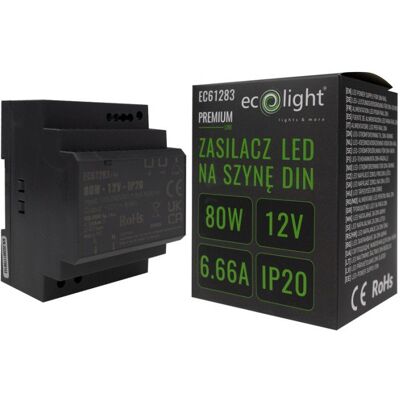 Zasilacz Meblowy LED na szynę DIN PREMIUM 12V 80W 6,66A Ecolight IP20 Zasilacz Meblowy LED na szynę DIN PREMIUM 12V 80W 6,66A Ecolight IP20