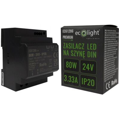 Zasilacz na szynę DIN PREMIUM 24V 80W 3,33A IP20 Ecolight Zasilacz na szynę DIN PREMIUM 24V 80W 3,33A IP20 Ecolight