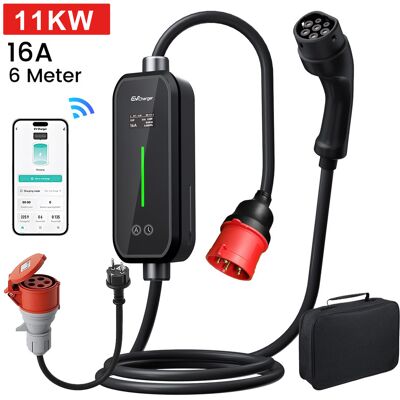 Junsun Mobilna Ładowarka Ev Type 2 11 Kw 16 A 3-Fazowa, Cee 16 A, Wifi Smart Life, Adapter Schuko, Kabel 6 M Junsun Mobilna Ładowarka Ev Type 2 11 Kw 16 A 3-Fazowa, Cee 16 A, Wifi Smart Life, Adapter Schuko, Kabel 6 M