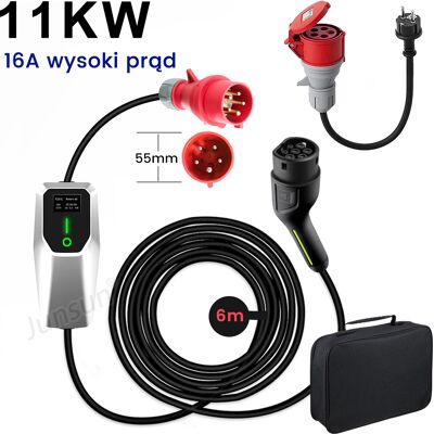 Junsun Mobilna Ładowarka Ev Type 2 11 Kw 16 A 3-Fazowa Cee, Timer 10 H, Adapter Schuko, Kabel 6 M, Ip67 Junsun Mobilna Ładowarka Ev Type 2 11 Kw 16 A 3-Fazowa Cee, Timer 10 H, Adapter Schuko, Kabel 6 M, Ip67