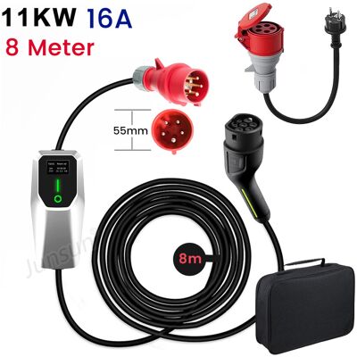 Junsun Mobilna Ładowarka Ev Type 2 11 Kw 16 A 3-Fazowa Cee, Timer 10 H, Adapter Schuko, Kabel 8 M, Ip67 Junsun Mobilna Ładowarka Ev Type 2 11 Kw 16 A 3-Fazowa Cee, Timer 10 H, Adapter Schuko, Kabel 8 M, Ip67