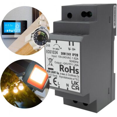 sarcia.eu Zasilacz Montażowy Do Taśm Led Cctv, Impulsowy Na Szynę Din, Transformator Ip20 - 30w 24v 1.25a Uniwersalny sarcia.eu Zasilacz Montażowy Do Taśm Led Cctv, Impulsowy Na Szynę Din, Transformator Ip20 - 30w 24v 1.25a Uniwersalny