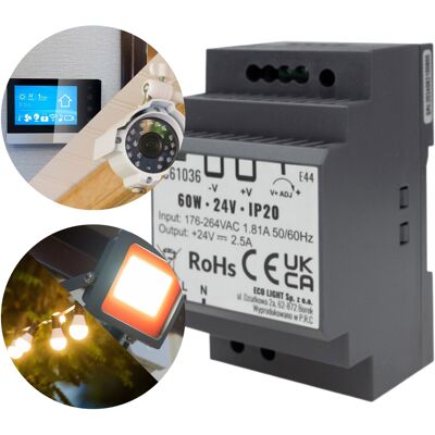 sarcia.eu Zasilacz Montażowy Do Taśm Led Cctv, Impulsowy Na Szynę Din, Transformator Ip20 - 60w 24v 2.5a Uniwersalny sarcia.eu Zasilacz Montażowy Do Taśm Led Cctv, Impulsowy Na Szynę Din, Transformator Ip20 - 60w 24v 2.5a Uniwersalny