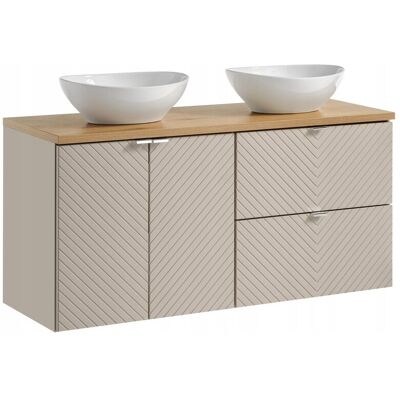 Comad Szafka łazienkowa 120 cm kaszmir z blatem dąb i 2 umywalkami nablatowymi Comad Szafka łazienkowa 120 cm kaszmir z blatem dąb i 2 umywalkami nablatowymi