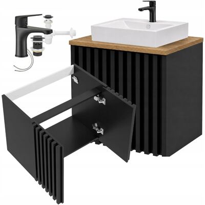 DEFTRANS Szafka łazienkowa wisząca z umywalką baterią i blatem czarne lamele 60cm Negri DEFTRANS Szafka łazienkowa wisząca z umywalką baterią i blatem czarne lamele 60cm Negri