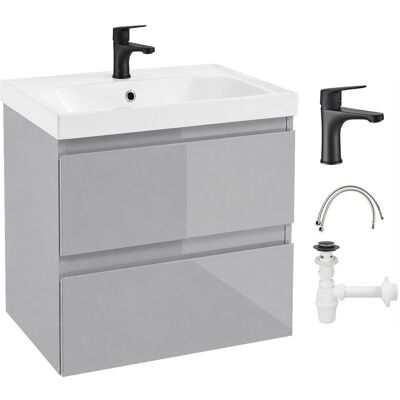 DEFTRANS Szafka łazienkowa wisząca z umywalką i czarną baterią Szary Połysk 60cm Diamente DEFTRANS Szafka łazienkowa wisząca z umywalką i czarną baterią Szary Połysk 60cm Diamente