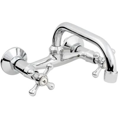 Hydroland Chromowany Mosiądzowy Bateria Umywalkowa na Ścianę - 20cm Wylew w 'C' - Retro Głowice Hydroland Chromowany Mosiądzowy Bateria Umywalkowa na Ścianę - 20cm Wylew w 'C' - Retro Głowice