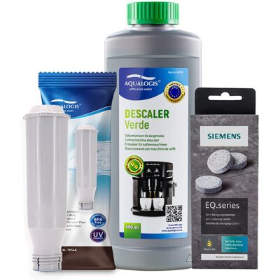 Zestaw Bosch - Filtr AL-TES46, Odkamieniacz Aqualogis Verde 500ml, Siemens TZ80001 Tabletki Czyszczące Zestaw Bosch - Filtr AL-TES46, Odkamieniacz Aqualogis Verde 500ml, Siemens TZ80001 Tabletki Czyszczące