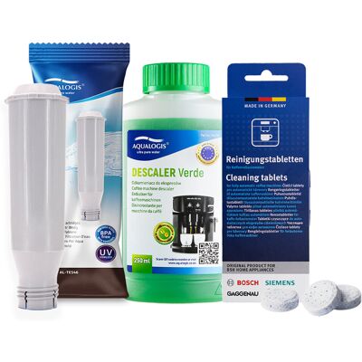 Zestaw Bosch, Filtr Aqualogis Al-Tes46, Aqualogis Verde 250Ml, Tabletki Czyszczące Siemens Tz80001 10 Szt. Zestaw Bosch, Filtr Aqualogis Al-Tes46, Aqualogis Verde 250Ml, Tabletki Czyszczące Siemens Tz80001 10 Szt.