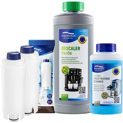 Zestaw Delonghi - AL-S002 2szt, Odkamieniacz Aqualogis Verde 500ml, Płyn Czysczący System Mleczny Latteo 250ml Zestaw Delonghi - AL-S002 2szt, Odkamieniacz Aqualogis Verde 500ml, Płyn Czysczący System Mleczny Latteo 250ml