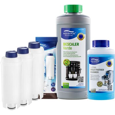 Zestaw Delonghi - AL-S002 3szt, Odkamieniacz Aqualogis Verde 500ml, Płyn Czyszcący System Mleczny Latteo 250ml Zestaw Delonghi - AL-S002 3szt, Odkamieniacz Aqualogis Verde 500ml, Płyn Czyszcący System Mleczny Latteo 250ml