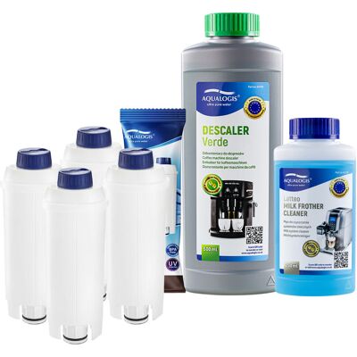 Zestaw Delonghi - AL-S002 4szt, Odkamieniacz Aqualogis Verde 500ml, Płyn Czyszczący System Mleczny Latteo 250ml Zestaw Delonghi - AL-S002 4szt, Odkamieniacz Aqualogis Verde 500ml, Płyn Czyszczący System Mleczny Latteo 250ml