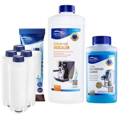 Zestaw Delonghi - AL-S002 4szt, Uniwersalny Odkamieniacz Aqualogis 1L, Płyn Czyszczący System Mleczny Latteo 250ml Zestaw Delonghi - AL-S002 4szt, Uniwersalny Odkamieniacz Aqualogis 1L, Płyn Czyszczący System Mleczny Latteo 250ml