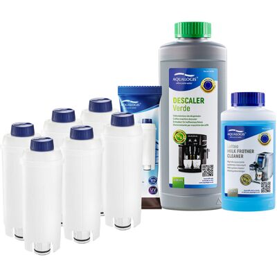 Zestaw Delonghi - AL-S002 6szt, Odkamieniacz Aqualogis Verde 500ml, Płyn Czyszczący System Mleczny Latteo 250ml Zestaw Delonghi - AL-S002 6szt, Odkamieniacz Aqualogis Verde 500ml, Płyn Czyszczący System Mleczny Latteo 250ml