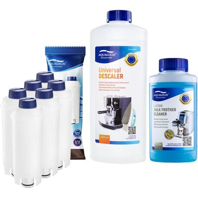 Zestaw Delonghi - AL-S002 6szt, Uniwersalny Odkamieniacz Aqualogis 1L, Płyn Czyszczący System Mleczny Latteo 250ml Zestaw Delonghi - AL-S002 6szt, Uniwersalny Odkamieniacz Aqualogis 1L, Płyn Czyszczący System Mleczny Latteo 250ml